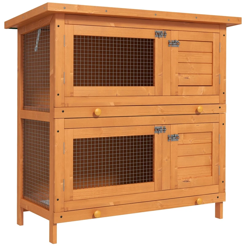 PawHut 2-Tier Double Decker Wooden Rabbit Hutch Pet Cage Guinea Pig Hutch with Sliding Tray Opening Top