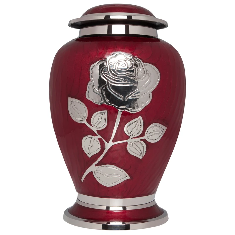 Ansons Urns Silver Rose Cremation Urn - Funeral Urn with Large Flower on Red Enamel - Burial Urn for Human Ashes Adult Size - 100% Brass - Image 1