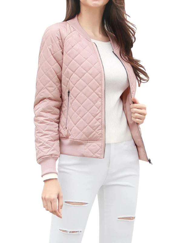 Allegra K Women's Zip Up Raglan Long Sleeves Quilted Bomber Jacket Pink S