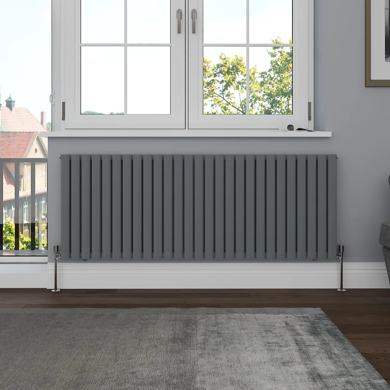 NRG Horizontal 600x1593 Oval Column Designer Radiator Central Heating Double Panel Anthracite