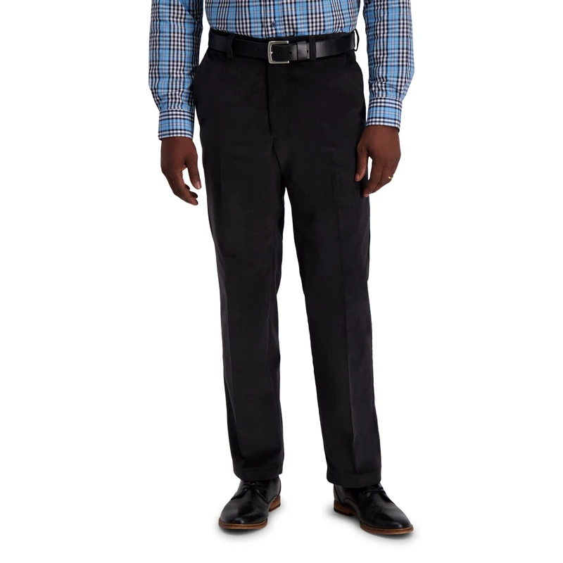 Haggar Men's Corduroy Expandable Waist Straight Fit Flat Front Pant Casual, Dark Grey-Classic, 40W x 31L