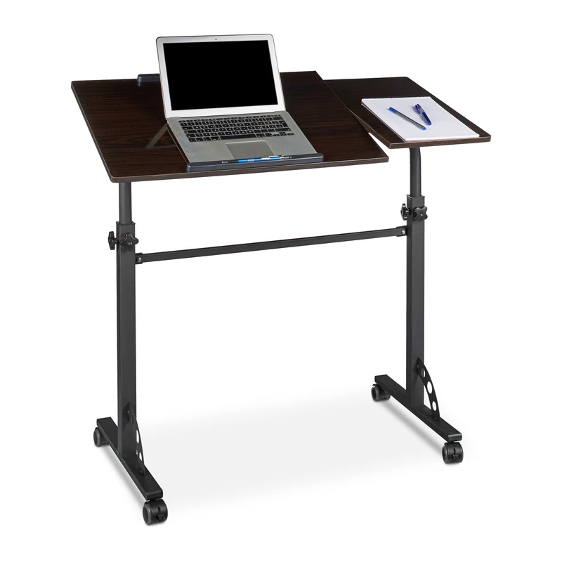 Relaxdays XXL Laptop Table Height Adjustable, 110 x 100 x 50 cm, Wood, Mobile Lecturn, Wheels with Brakes, Notebooks, Projecters, Laptops, 2 Surfaces, Ebony Black