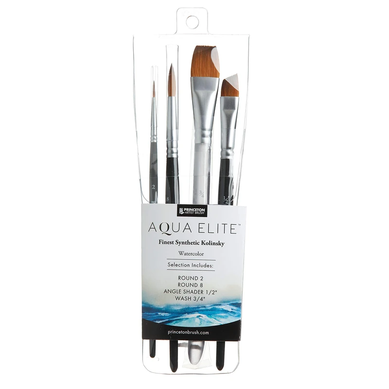 Princeton Aqua Elite Fine Art Watercolours Brushes, Synthetic Kolinsky Sable, 4 Piece Brush Set, Short Handle, For Professionals & Students