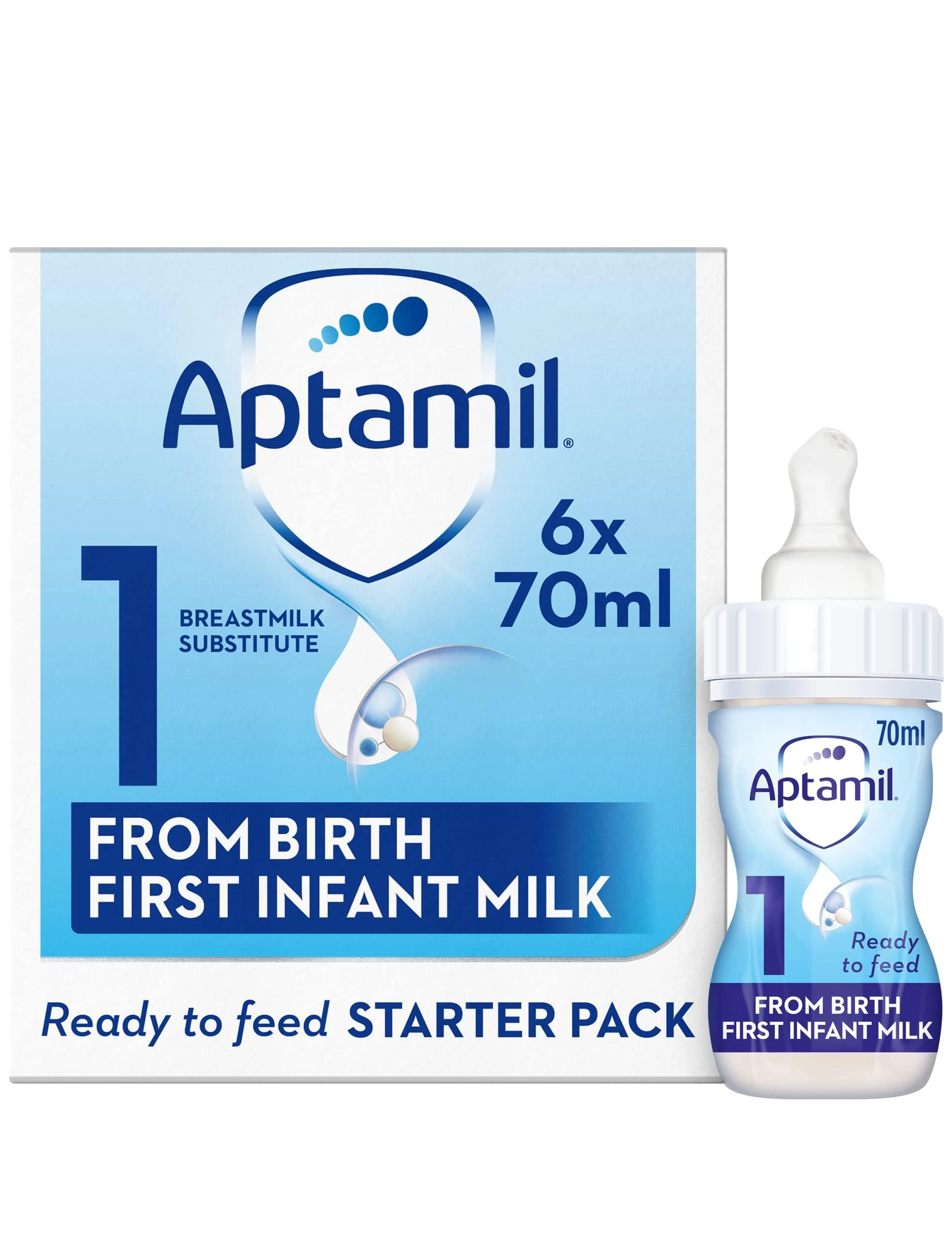 Aptamil 1 First Baby Milk Formula Starter Pack Ready to Use Liquid, from Birth, 6x70 ml
