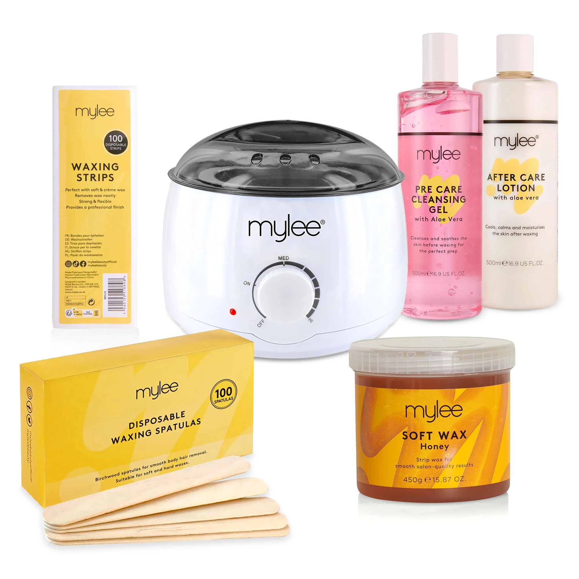 Mylee Complete Waxing Kit, Includes Salon Quality Wax Heater, Soft Cream Wax, Waxing Strips, Spatulas and Mylee Pre & After Care Lotion (Honey)