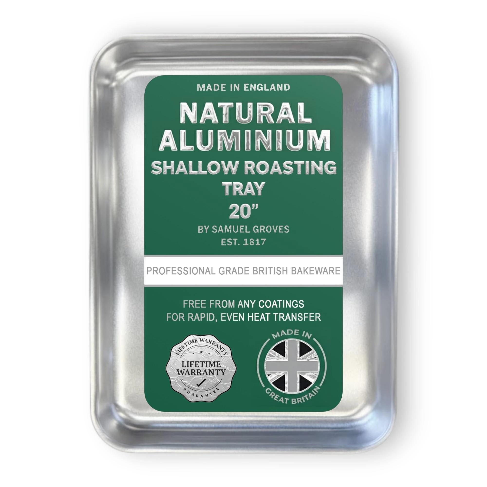 Samuel Groves 20" Professional Aluminium Shallow Roaster – Made in England - 52 x 42 x 4cm – Non-Toxic, Natural Uncoated Aluminium Roasting Tin – Bakewell Pan (Shallow Roasting Tray, 20")