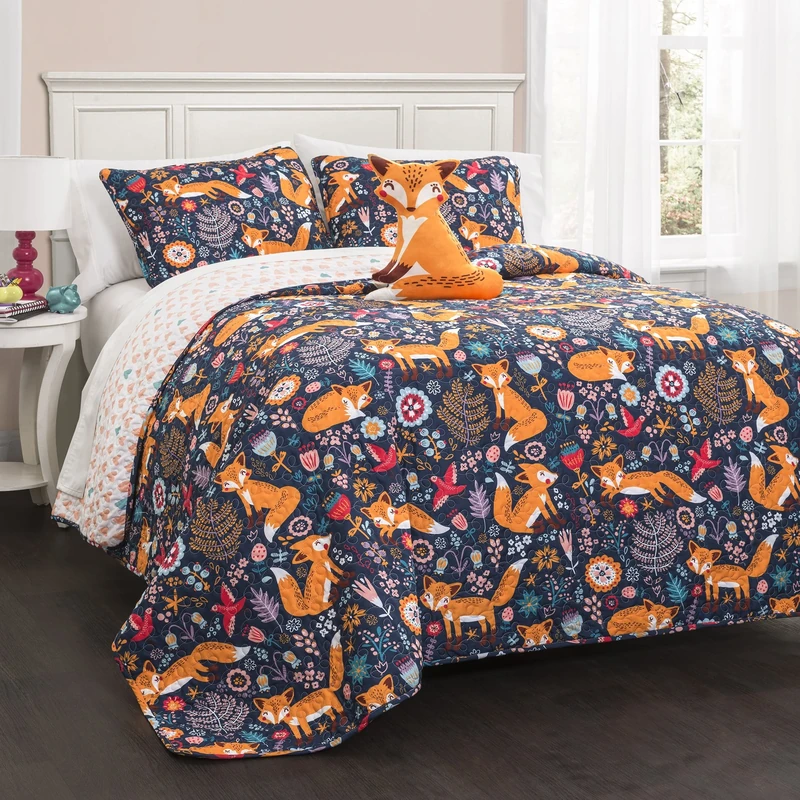 Lush Decor Reversible 4 Piece Bedding Set-Navy-Full/Queen, Polyester