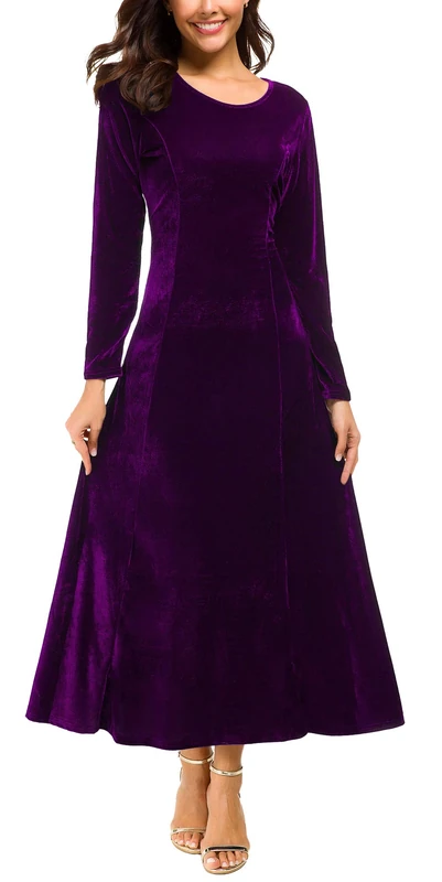 Urban CoCo Women's Elegant Long Sleeve Ruched Velvet Stretchy Long Dress - Purple - Small