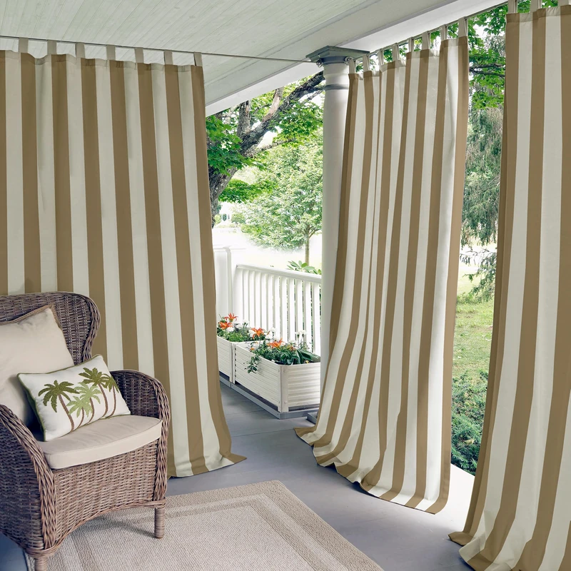 Elrene Home Fashions 26865874501 Indoor/Outdoor Tab Top Stripe Single Panel Window Curtain Drape, 50" x 108", Natural, 50" W x 108" L (Pack of 1) - Image 1