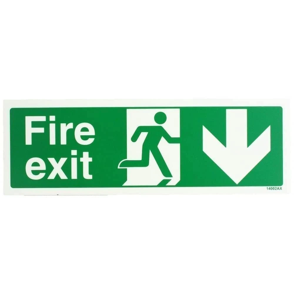 V Safety Glow In The Dark Fire Exit Arrow Down Sign - 300mm x 100mm - Rigid Plastic