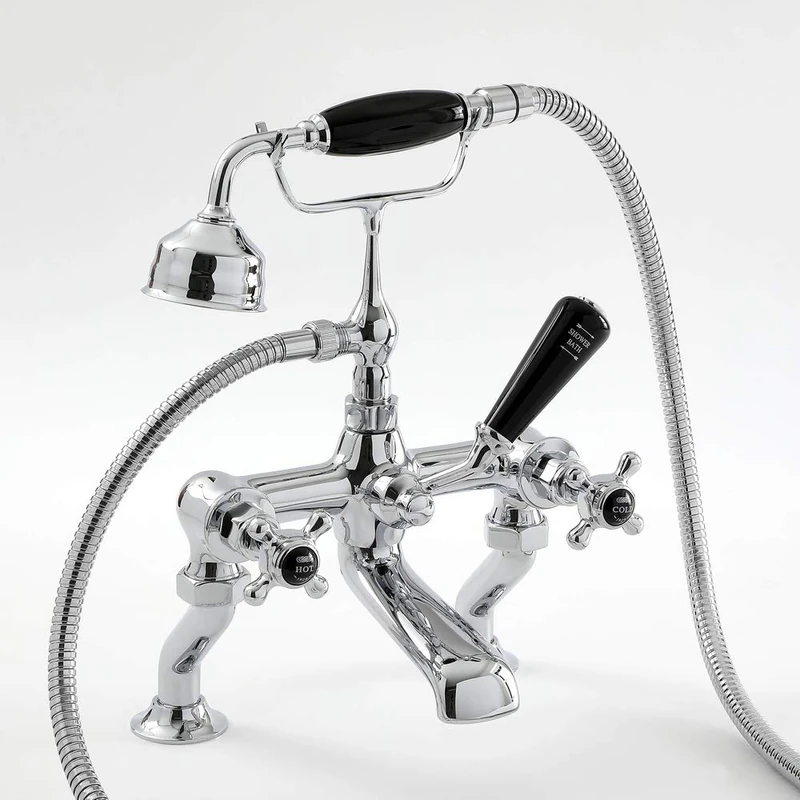 Hudson Reed Old London BC404HX Topaz | Traditional Bathroom Deck Mounted Bath Mixer with Shower Kit, Crosshead Handles and Hexagonal Collars, 320mm x 350mm, Chrome/Black, Tap