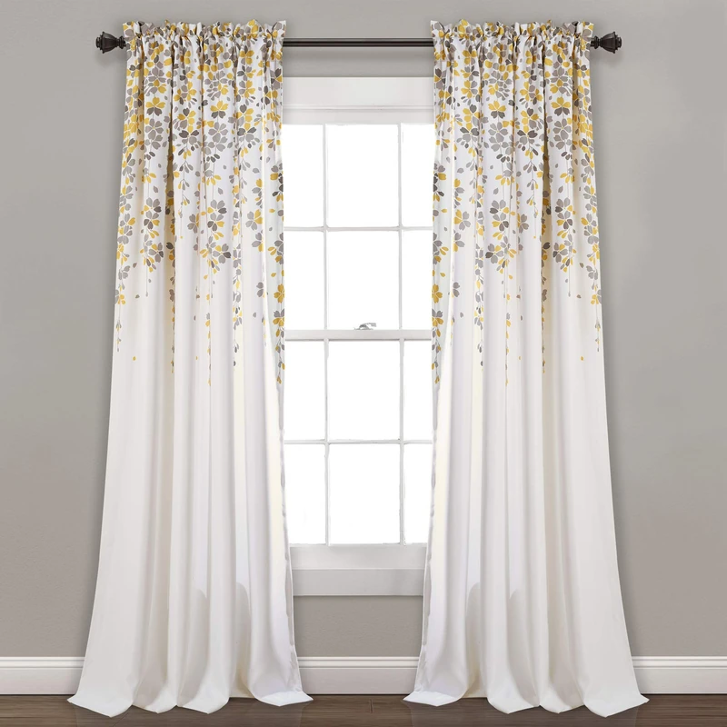 Lush Decor Weeping Flower Light Filtering Window Curtain Panels, Pair, 52" W x 84" L + 2" Header, Yellow & Gray - Charming Modern Floral Curtains for Living Room, Dining Room, & Bedroom