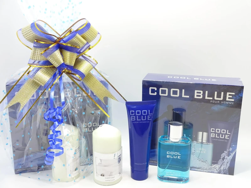 Men's Perfume Gift Hamper 2pc Cool Blue Perfume Set 100ml EDT and 130ml, Luxury Shower Gel Gift Wrapped Gift Hamper Plus Free Candle Included