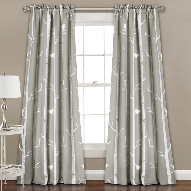 Lush Décor Bird on The Tree Curtains Light Filtering Window Set for Living, Dining, Bedroom, 84 in L Panel Pair, Gray, 2 Count
