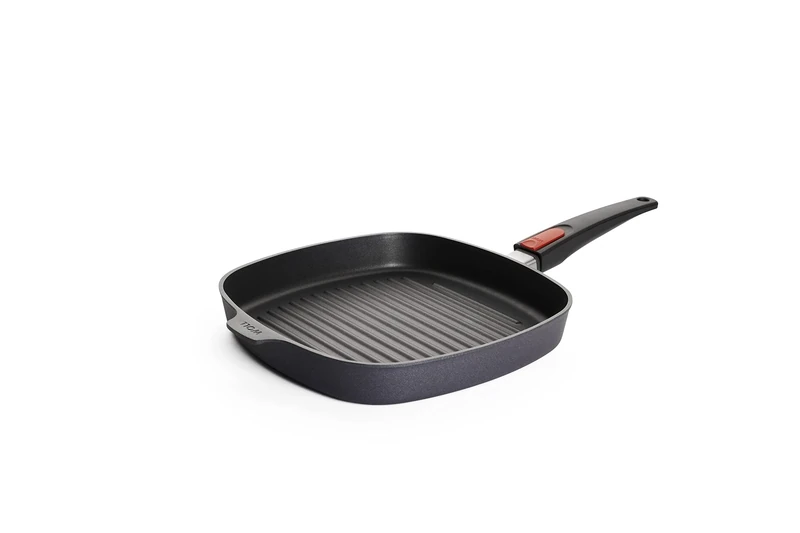 Woll Diamond Lite Square Cast Iron Steak Pan 28 x 28 cm 4 cm High with Grooves with Removable Handle. Suitable for All Hobs Except Induction, Aluminium, Charcoal, 28 cm