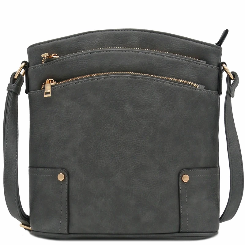 Alyssa Triple Zip Pocket Large Crossbody Bag, Dark Gray, One Size