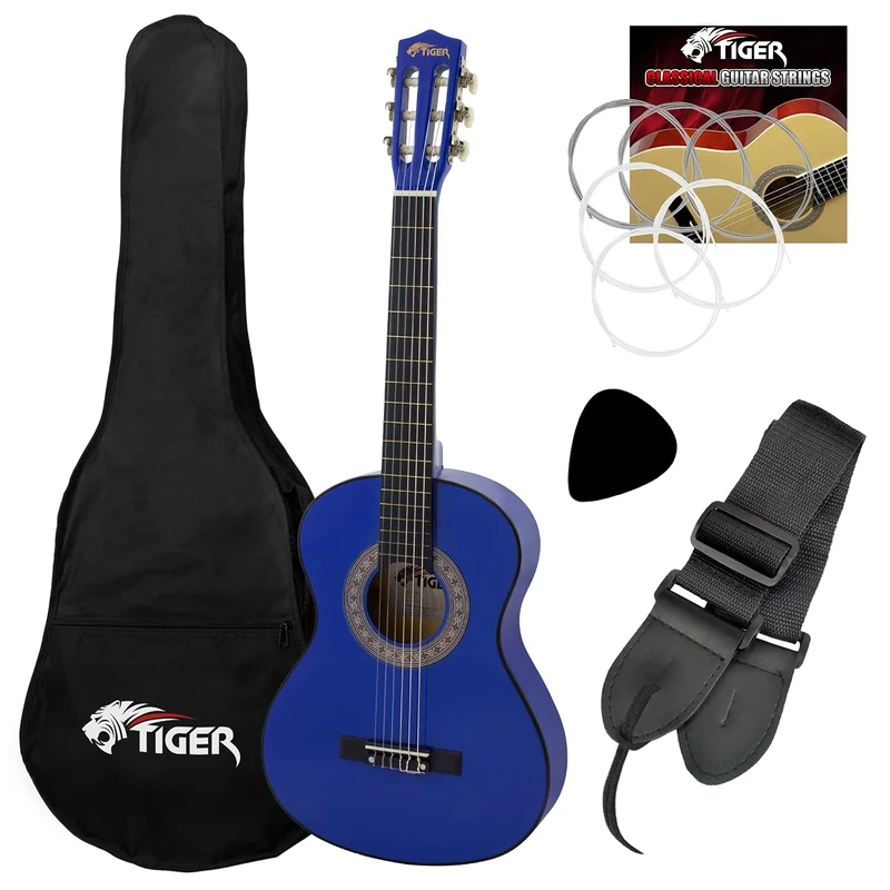 Tiger CLG4 Left Handed 3/4 Size Childrens Classical Guitar Pack – Three Quarter Size Spanish Guitar Package with Bag, Spare Strings, Strap and Pick, Ideal for Ages 9 – 11 Years – Blue
