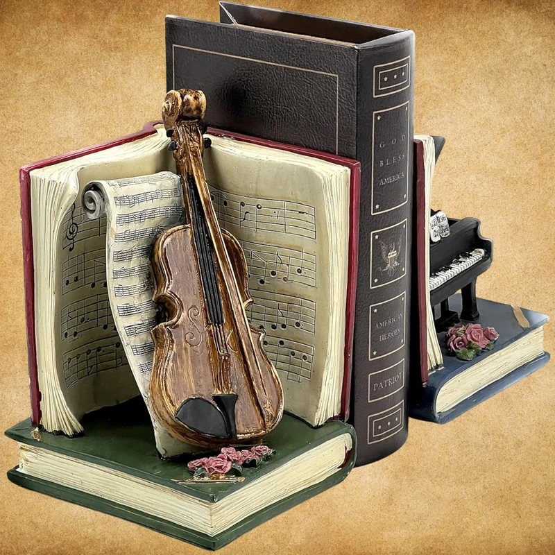 Bellaa 20430 Decorative Bookend Music Lover Acoustic Violin Musical Notes Piano Luxury Bookshelf Decor Tabletop Shelves Nonskid Book Stoppers Vintage Antiques