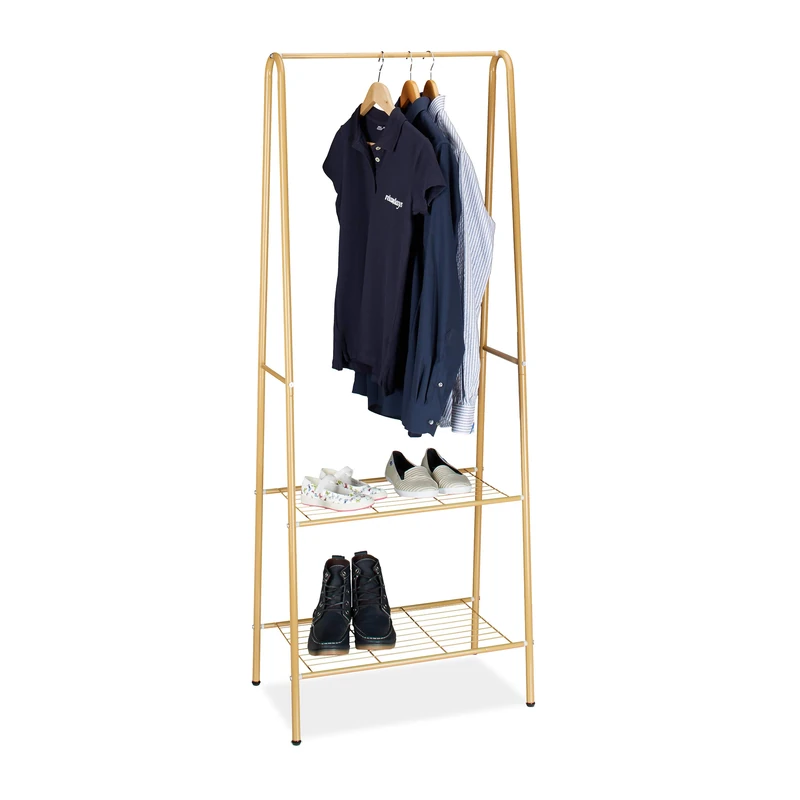 Relaxdays Coat Rack with Shoe Storage SANDRA, Metal, Wide, Clothes Rail, 2 Shelves, HxWxD: 160 x 61.5 x 38 cm, Brown