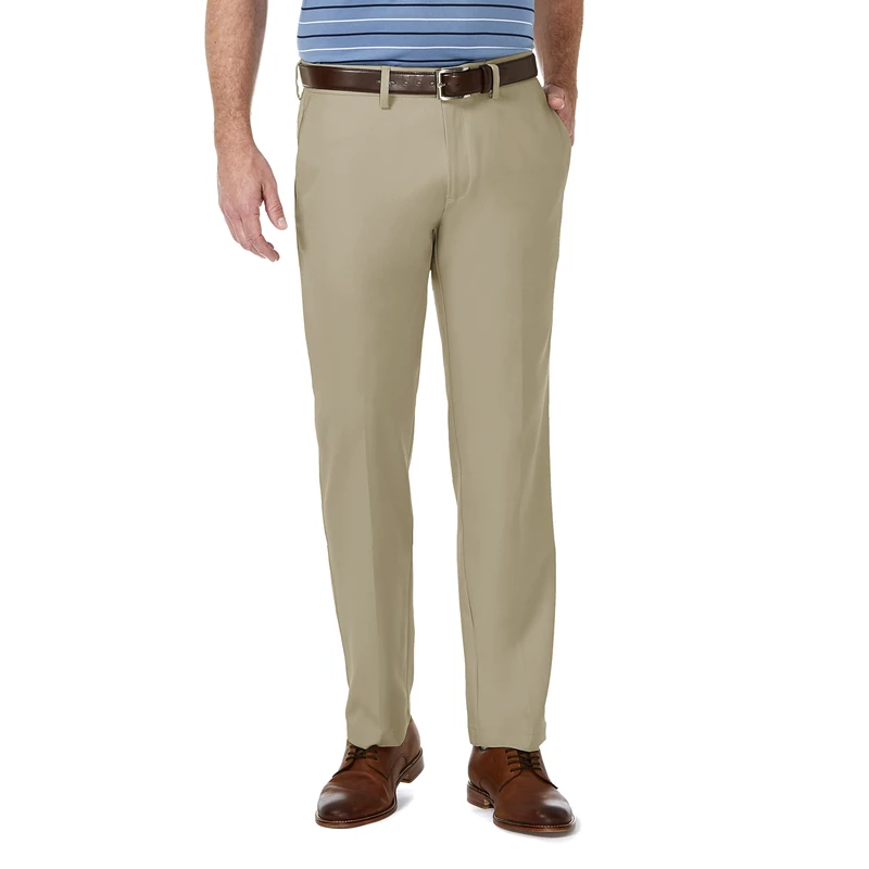 Haggar Men's Cool 18 Pro Straight Fit Flat Front Casual Pant, Khaki, 32W x 34L