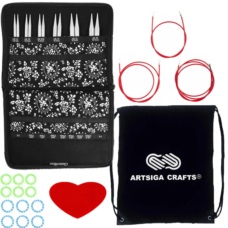 ChiaoGoo Twist Red Lace 5-Inch Large 7500-L Interchangeable Circular Knitting Needle Set, Sizes US 9, 10, 10.5, 11, 13, 15, Stainless Steel with 3 Cords Bundle with 1 Artsiga Crafts Project Bag - Image 1