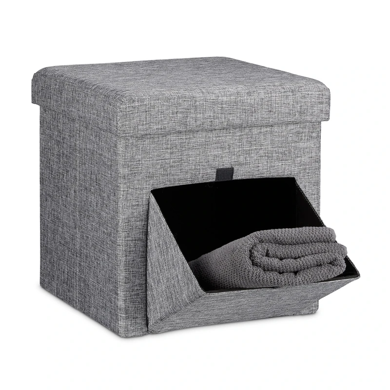 Relaxdays Folding Ottoman Size: 38 x 38 x 38 cm Sturdy Seat and Practical Footstool, Fabric, Removable Lid, Grey