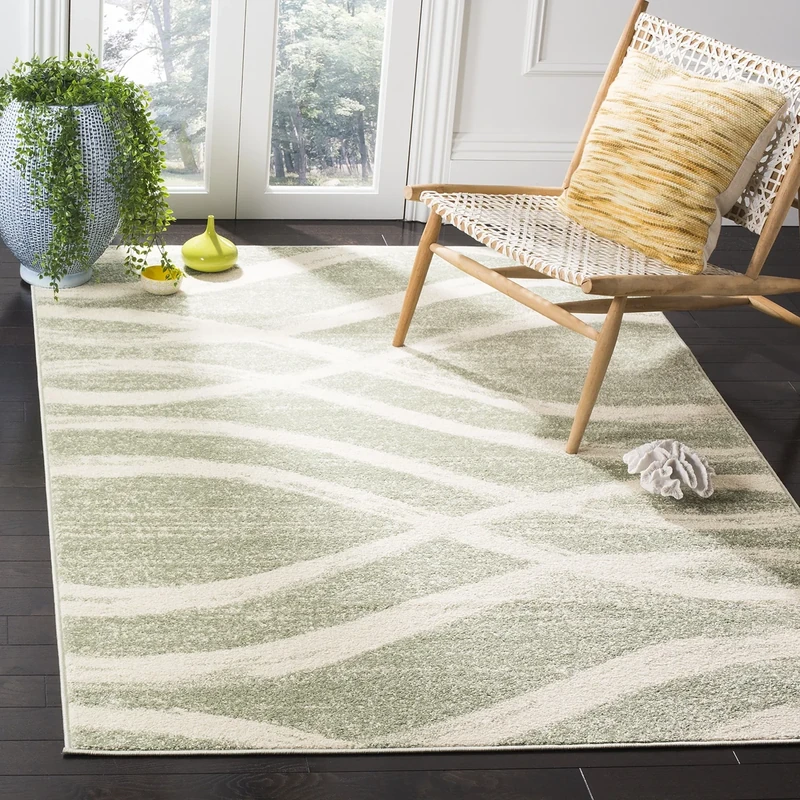 Safavieh Modern Wave Distressed Indoor Woven Rectangle Area Rug, Adirondack Collection, ADR125, in Sage/Cream, 155 X 229 cm for Living Room, Bedroom or Any Indoor Space