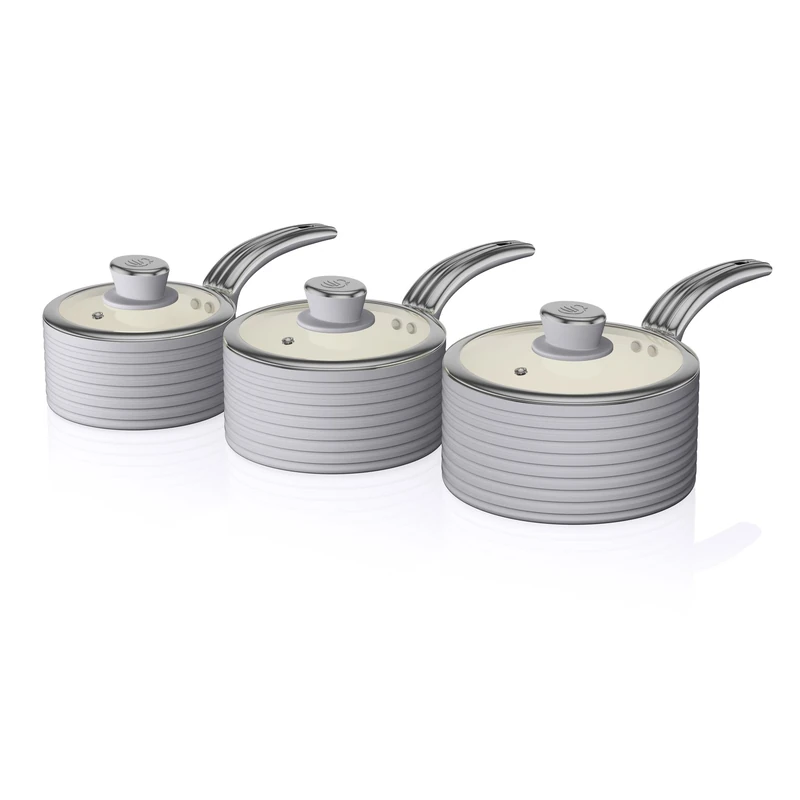 Swan SWPS3020GRN Retro Induction Saucepan Set With Glass Lids, Non Stick Ceramic Coating, Easy to Clean, Grey, 3 Piece, 16/18/20 cm