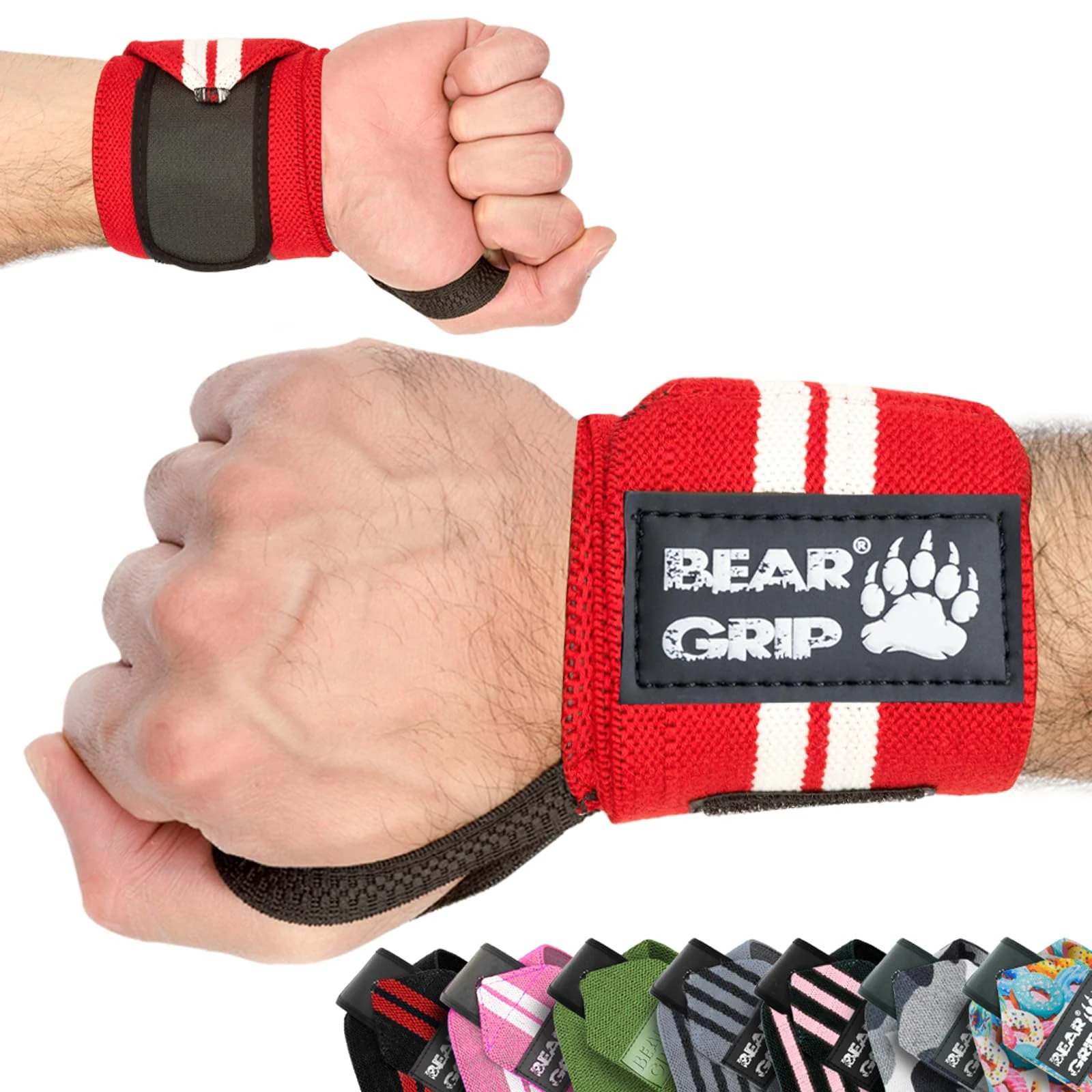 BEAR GRIP - Weight lifting wrist support wraps (Sold in pairs) (REDWHITE)