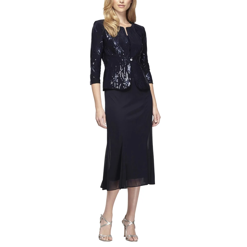 Alex Evenings Women's Tea Length Mock Jacket Dress with Button Front (Petite and Regular Sizes) Special Occasion, Navy, 12