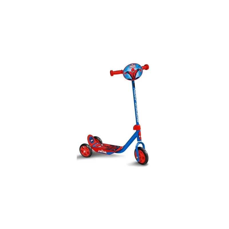 Stamp Scooter with 3 Spiderman wheels, adjustable in height. Wide non-slip tray. Non-slip handles. PVC wheels. Decorated plate.