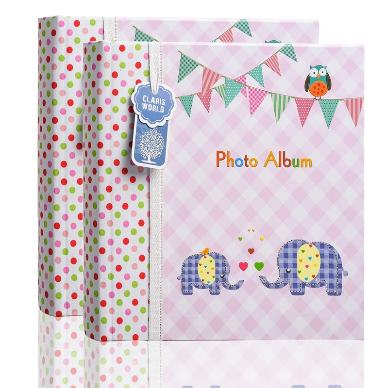 2 x Arpan 6x4 Inch Baby Slip in Case Memo Photo Album for 200 Photos Pink Elephant Kids