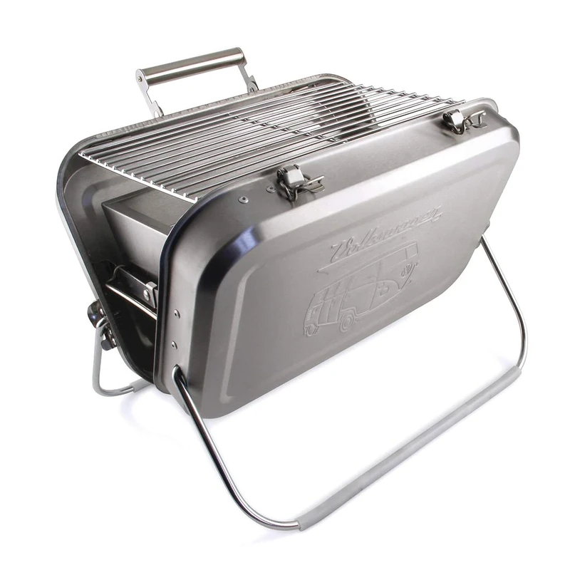BRISA VW Collection - Volkswagen Portable Suitcase Grill with Grill Grate, Charcoal Catcher & Stainless Steel Handle in T1 Bus Design (Silhouette/Silver) - Image 1