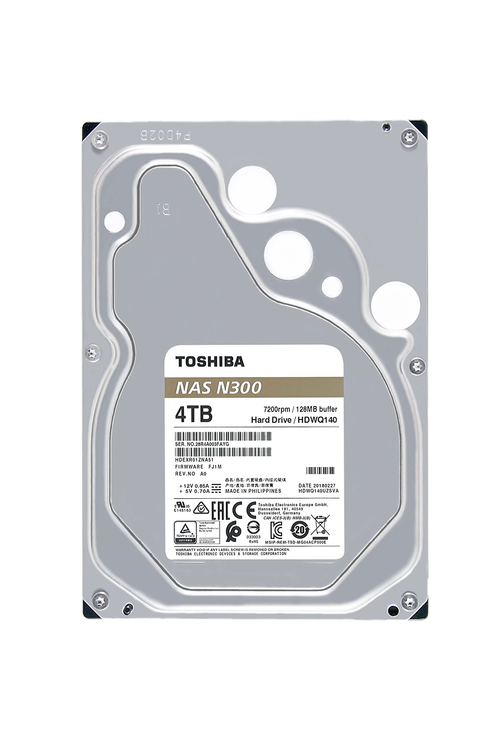 Toshiba N300 4TB Internal NAS Hard Drive, 3.5’’ SATA HDD, 7200 RPM, 24/7 Operation, Supports 1-8 bay systems, 128MB Cache, 180TB/Year workload, 3yr Warranty (HDEX01TZNA51F)
