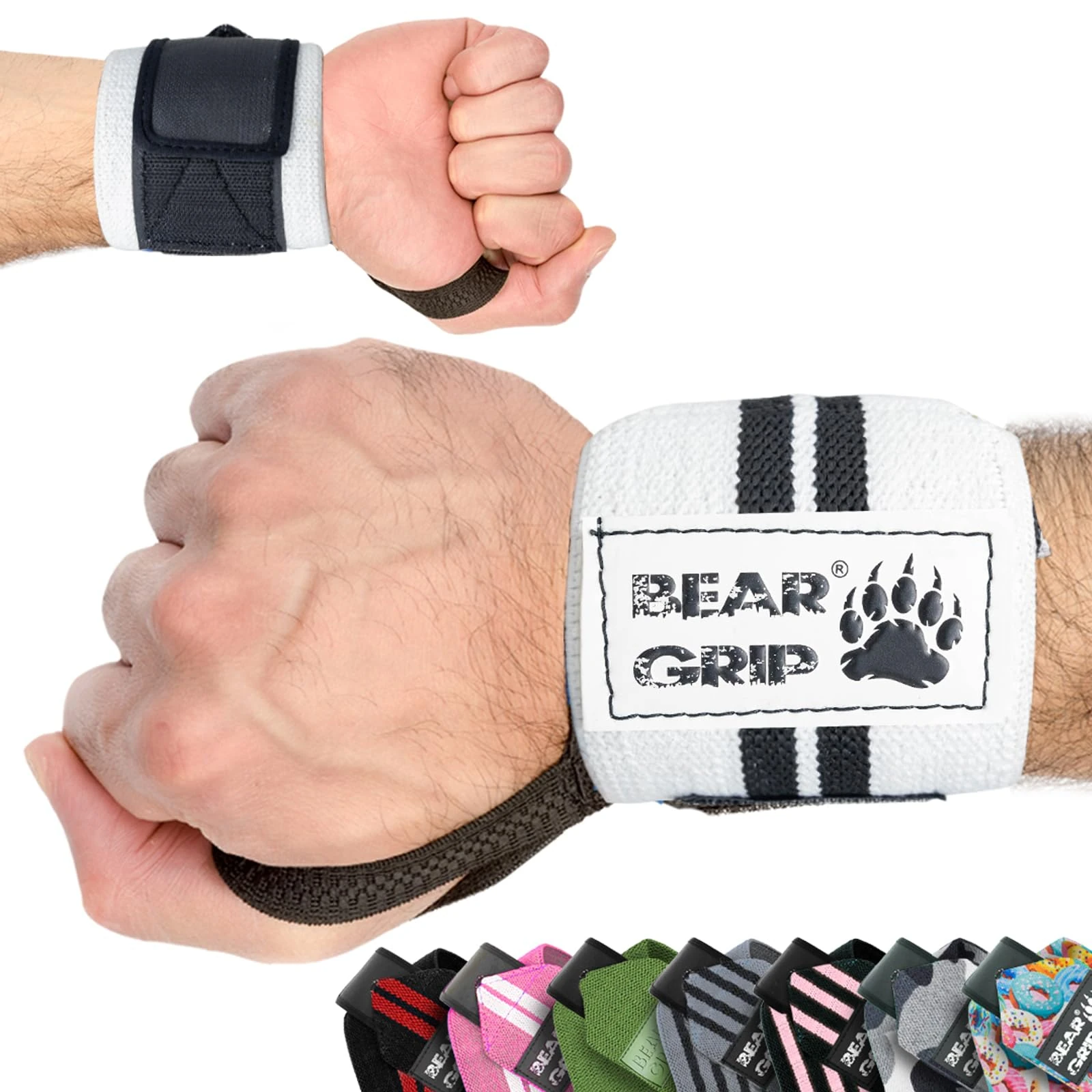 BEAR GRIP - Weight lifting wrist support wraps (Sold in pairs) (WHITE)