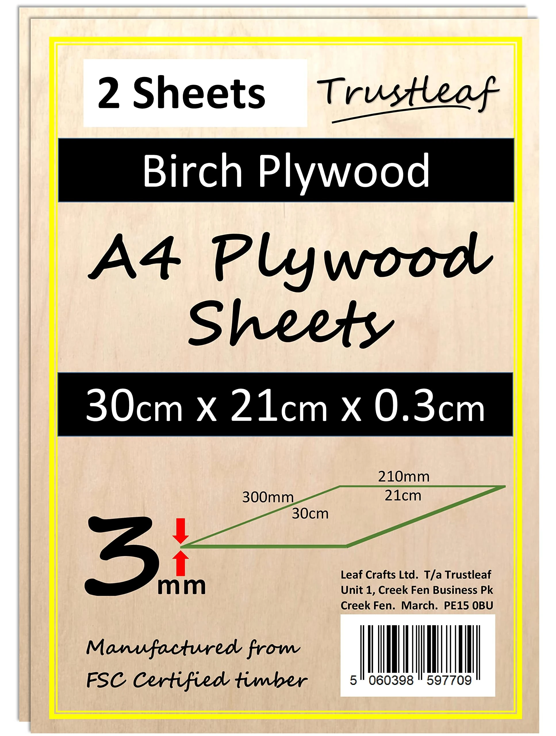 Trustleaf 3mm Birch Plywood A4-300x210x 3mm - (Pack of 2) - Laserable Low Fume E1 Glue Ply