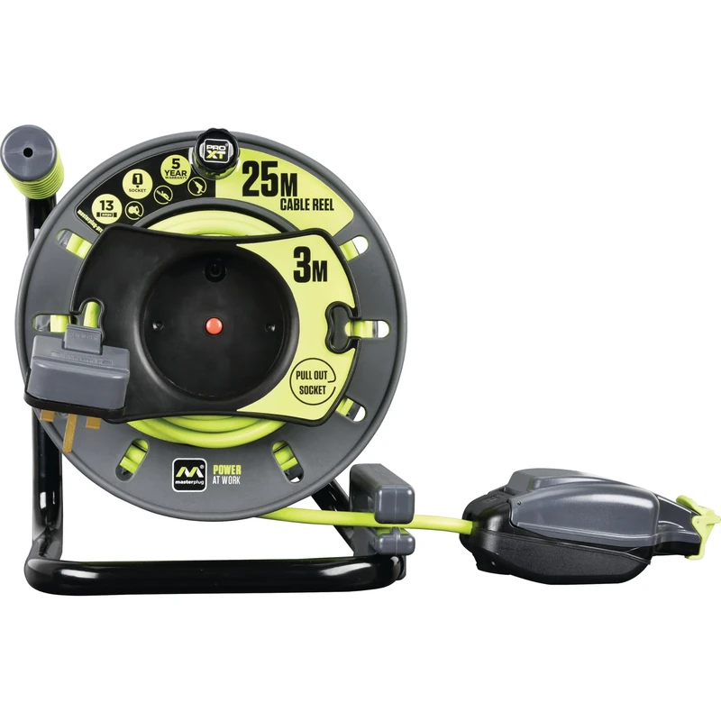 Masterplug OMU2513FL3IP-PX Pro-XT Reverse Open Cable Reel with Single In-Line Weatherproof Socket, 25 Metres with 3 Metres Reverse High Visibility Cable, Green