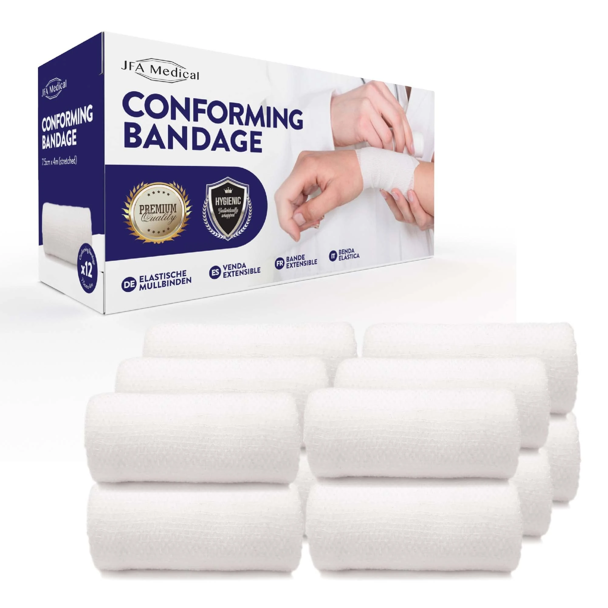 JFA Medical Conforming Bandage, Gauze Bandage Roll 7.5cm x 4m - Pack of 12