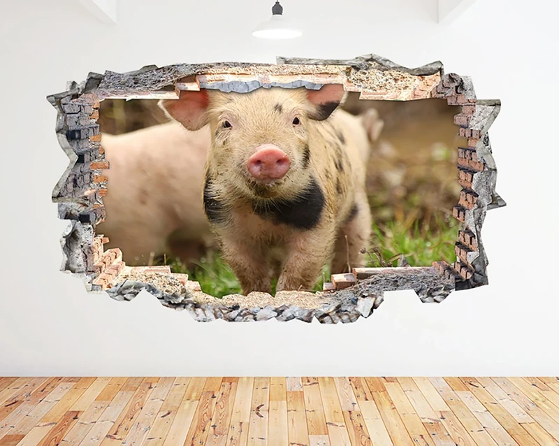N606 Piglet Cute Baby Animals Smashed Wall Decal 3D Art Stickers Vinyl RoomKids Bedroom Baby Nursery Cool Livingroom Hall Boys Girls (HUGE (100x175cm))