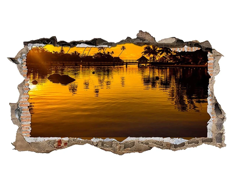 S944 Tropical Lake Holiday Sunset Smashed Wall Decal 3D Art Stickers Vinyl RoomKids Bedroom Baby Nursery Cool Livingroom Hall Boys Girls (HUGE (100x175cm))