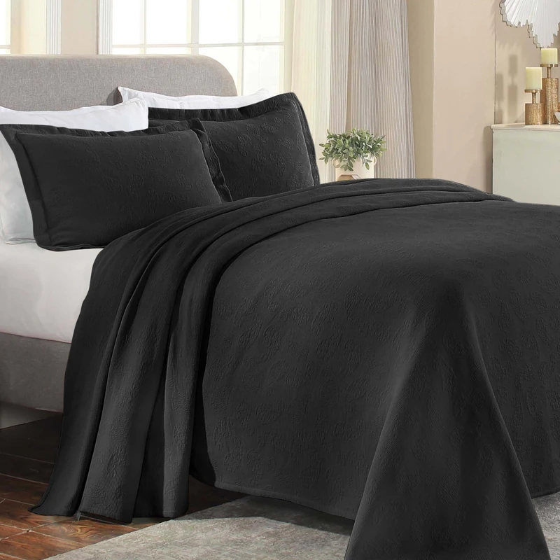 Superior Paisley 3 Piece Cotton Bedspread Set, Home Bed Decor, Decorative Bed Spread, 2 Pillow Shams, Medium Weight Blanket, Matelasse Coverlet Bedding, Vintage Floral Pattern, Full, Black