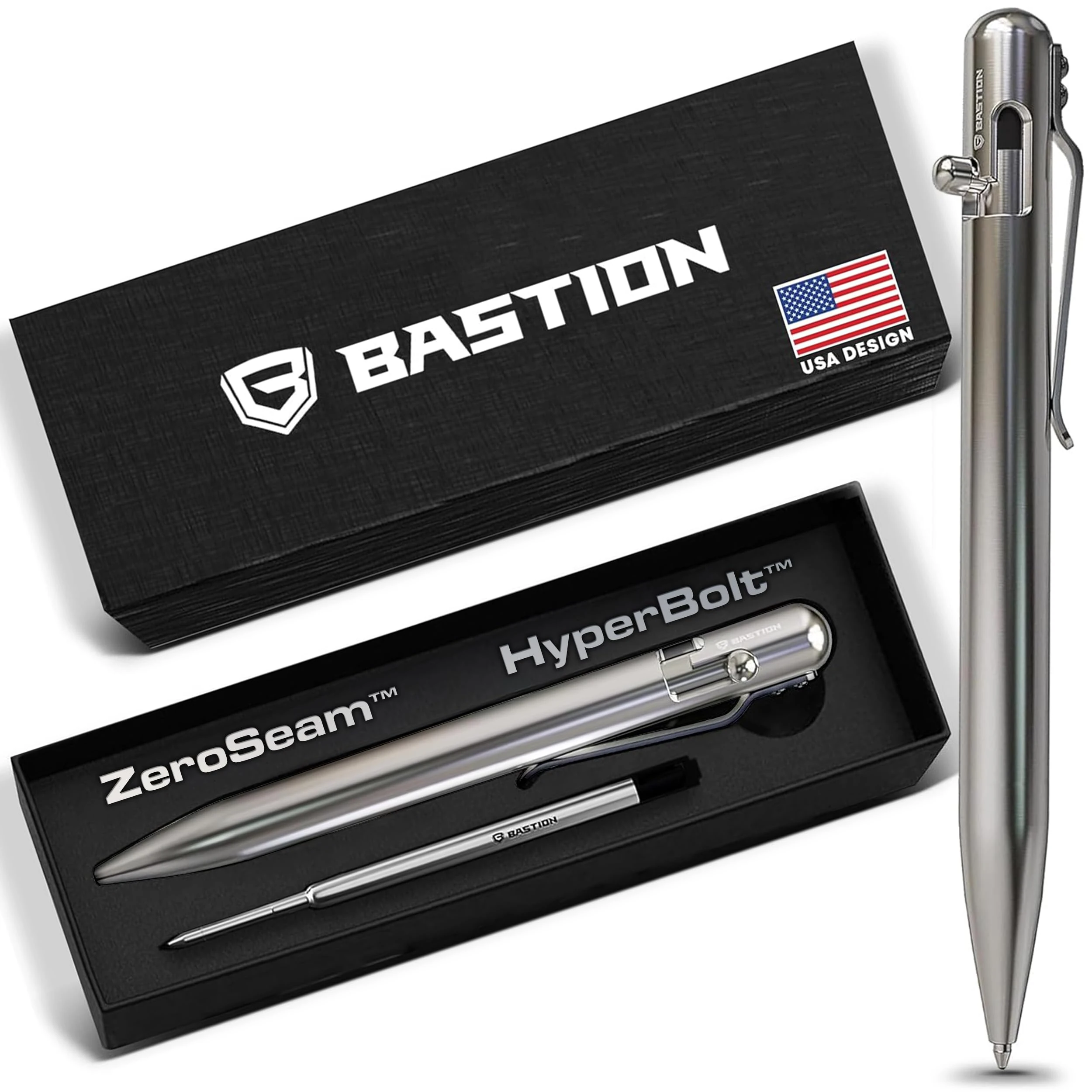 BASTION Luxury Gift Pen Exclusive Hyperbolt™ & Zeroseam™ Stainless Steel Ballpoint, Executive Metal Writing Instrument, premium construction, ideal for professionals, durable precision tool