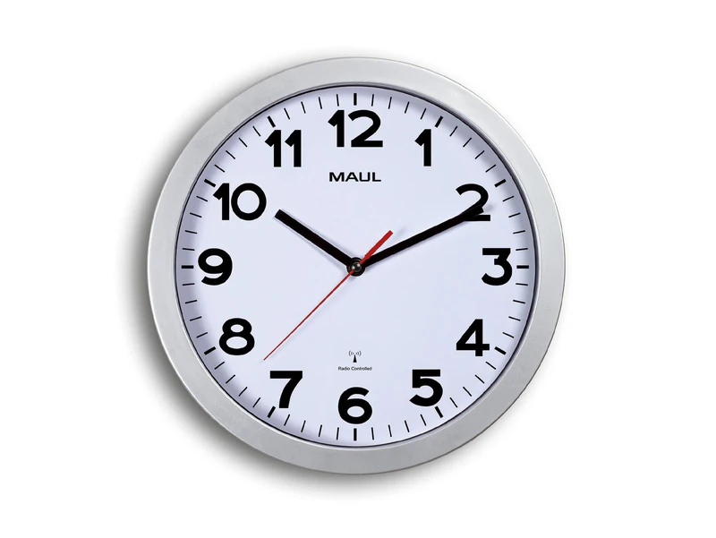 Maul MAULstep Wall Clock Diameter 30 cm Radio-Controlled Clock with Automatic Time Setting Ideal for Living Room, Bedroom, Kitchen, Study and Office Good Readability for Large Rooms Silver