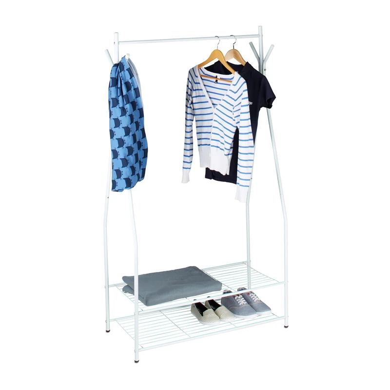 Relaxdays Coat Rack with Shoe Storage SANDRA, Metal, Wide, Clothes Rail, 2 Shelves, HxWxD: 162 x 90 x 40 cm, White