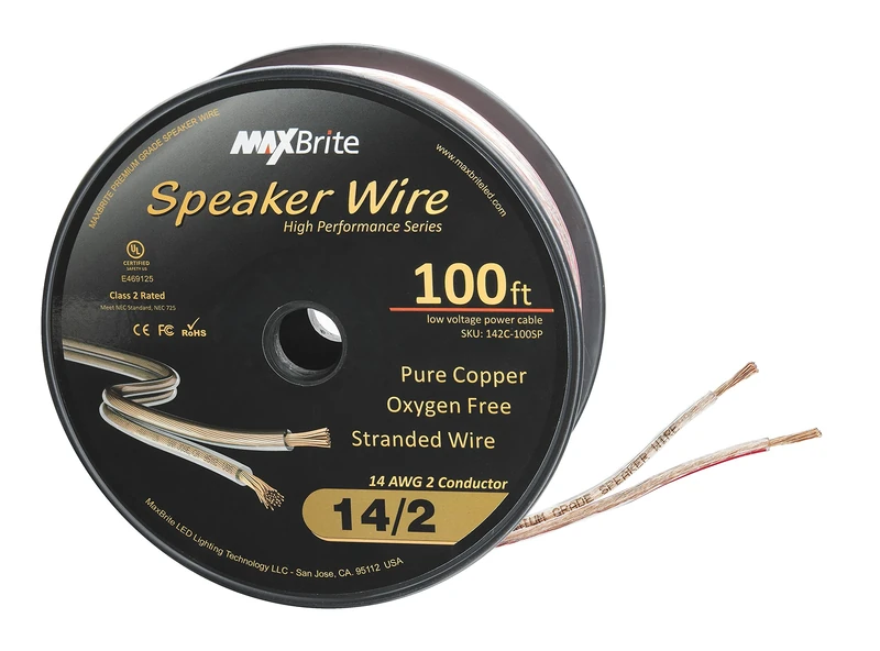 100 ft. Spool High Performance 14 Gauge Speaker Wire, Oxygen Free Pure Copper - UL Listed Class 2