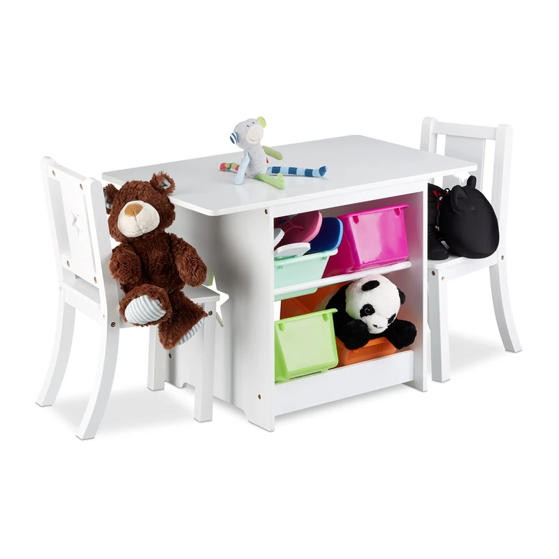 Relaxdays children's table and chairs set ALBUS, wooden furniture set, sitting area for boys and girls, white
