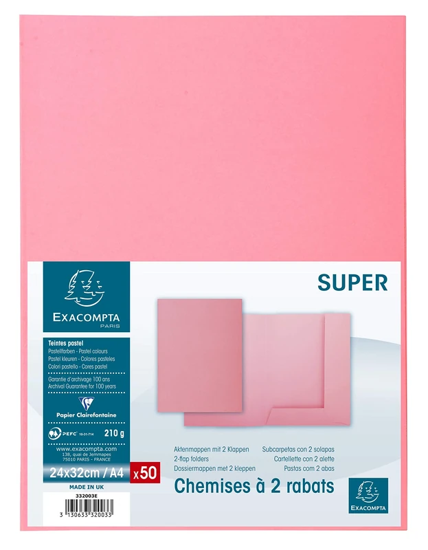 Exacompta - Ref 332003E - Super 210 2-Flap Folders - 240 x 320mm in Size, Suitable for Holding A4 Documents, 210gsm Card, 2 Internal Flaps - Pink (Pack of 50)