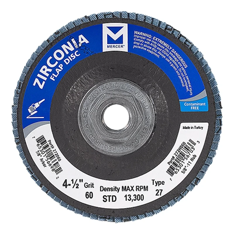 Mercer Industries 272H060 Zirconia Flap Disc, Type 27, 4 1/2" x 5/8" 11 Thread, Grit 60, 10 Pack