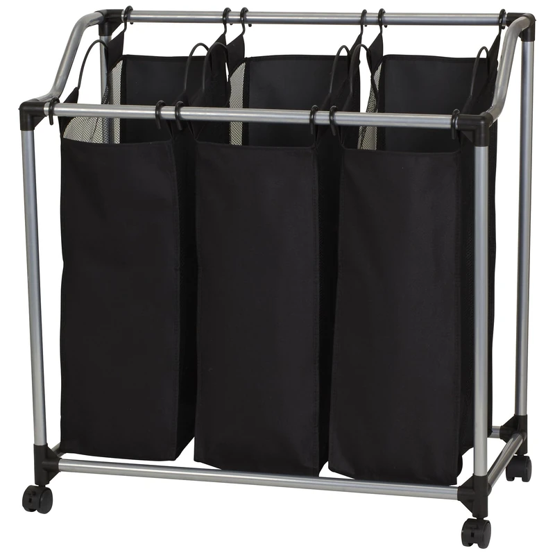Household Essentials 9117 Triple Laundry Sorter on Wheels - Black and Grey