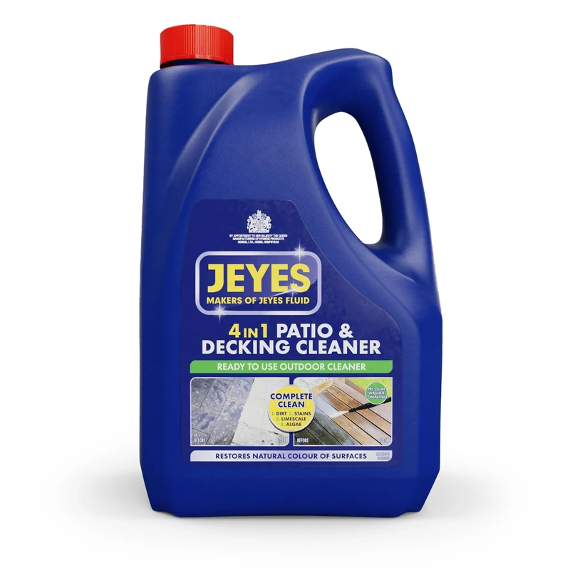 Jeyes 4 In 1 Patio & Decking Cleaner (4 Litre). Patio Cleaner Fluid for Paths, Drives, Decking & Fencing - Outdoor Disinfectant Liquid or Pressure Washer Detergent - Tackles Dirt, Algae & Stains